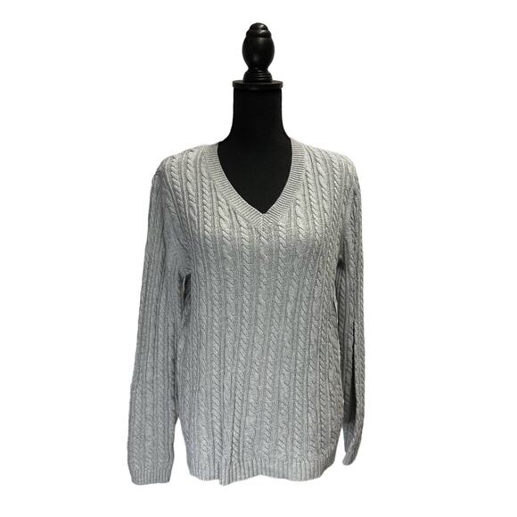 Croft&Barrow V Neck Cotton Gray with Silver Cable Knitted Sweater Sz M - Picture 1 of 9